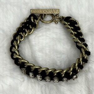 SIGNED AEO AMERICAN EAGLE clear RHINESTONE silver tone blackribbon Wrap Bracelet